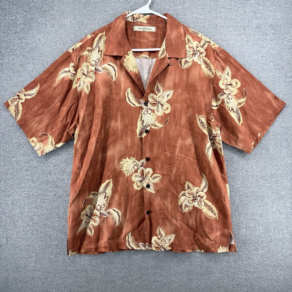 Tommy Bahama Hawaiian Shirt Men Size Large Orange Short Sleeve Silk Button Up